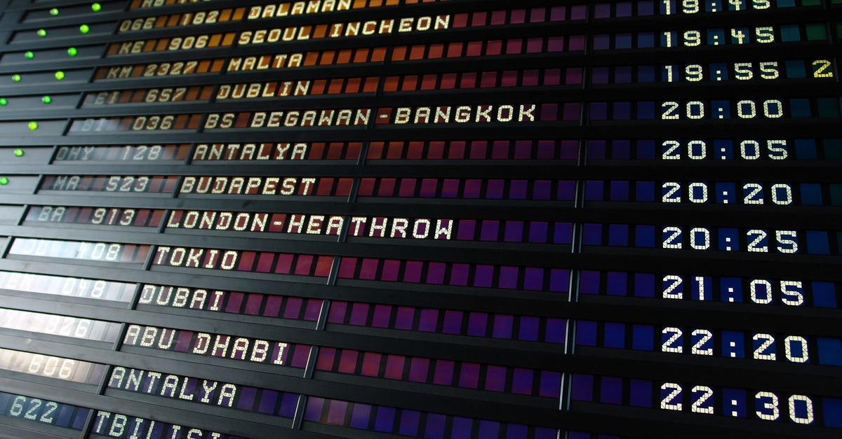 A departure board showing imminent flights