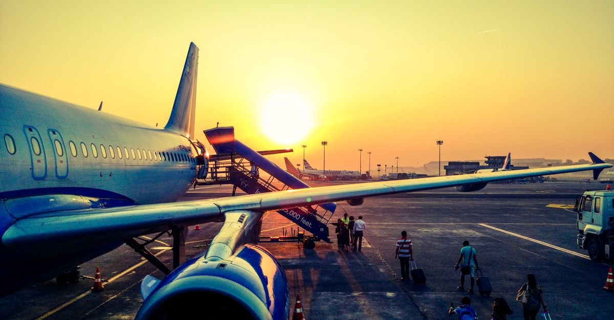 An airport walkway early in the morning