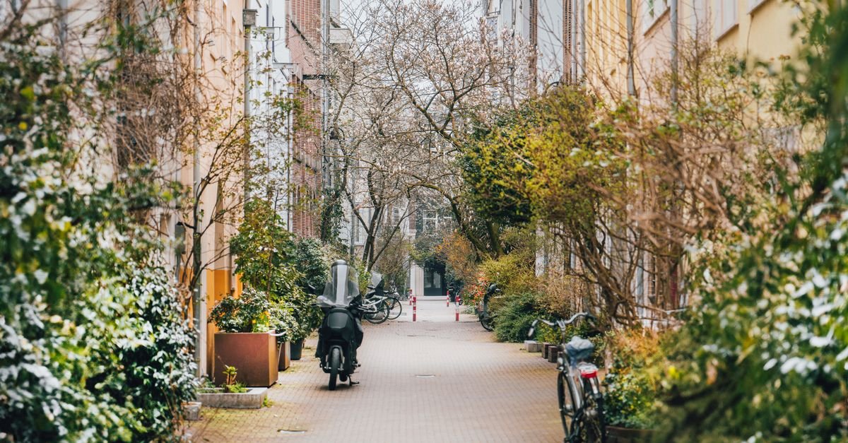 A quiet European street in spring